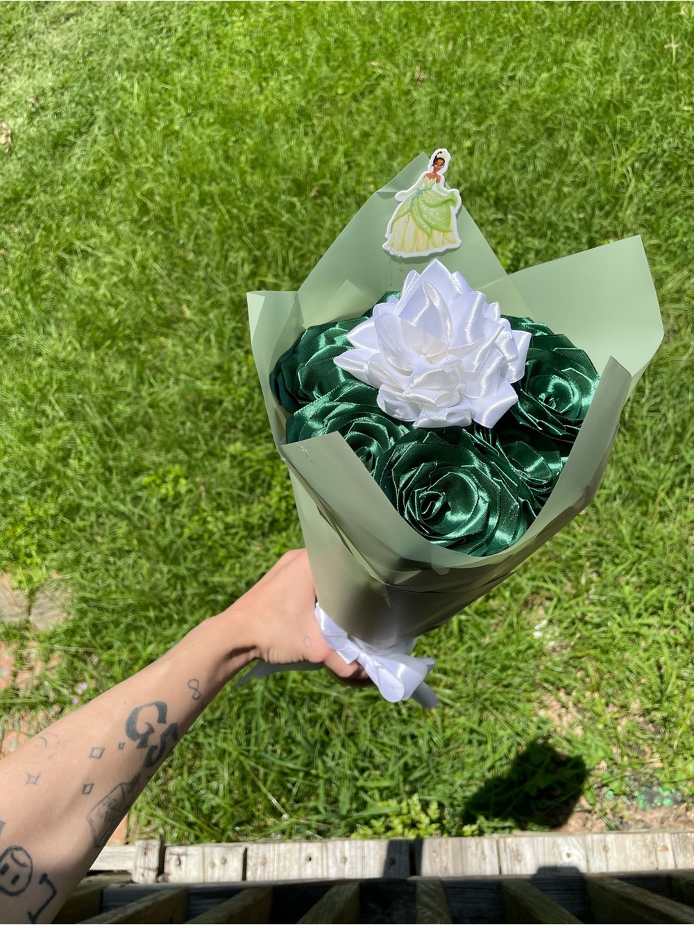 Dark Green Satin Rose Bouquet with White Satin Accent